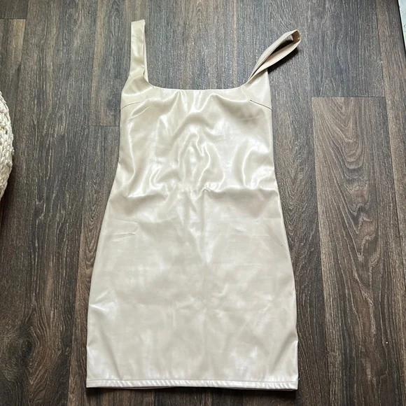 nude faux leather dress Lux Lovin Nude High Neck Ruched Faux Leather Mini Dress